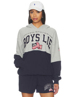 Boys Lie - United States Women's Relaxed Waffle-Knit Hoodie Navy Blue