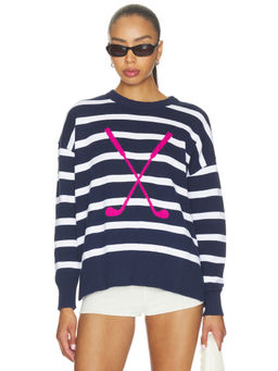 BEACH RIOT - Callie Women's Striped Graphic Pullover Sweater Navy Blue