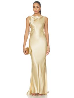 Bronx and Banco - Vivien Chain Women's Low Back Cowl Neck Maxi Gown Gold