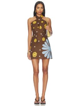 Cala de la Cruz - Veneta Women's Halter Neck Floral Print Mini Dress Brown