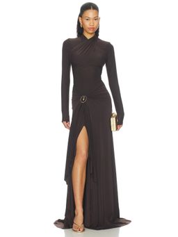 Deme by Gabriella - June Women's Draped Hardware Detail Maxi Gown Dark Brown