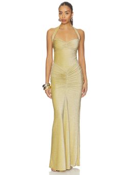DELFI - Metallic Women's Halter Neck Ruched Maxi Dress Gold