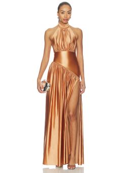 DELFI - Satin Women's Halter Tie-Up High Slit Maxi Dress Rust