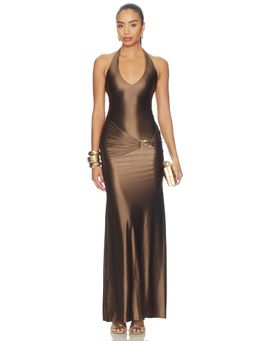 DELFI - Slinky Satin Women's Halter V-Neck Maxi Dress Chocolate
