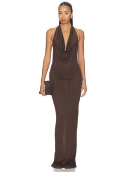 Eterne - Gisele Women's Plunging Neckline Stretch Jersey Halter Maxi Dress Bark