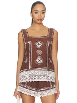 The Great - Sparrow Women's Embroidered Square Neck Tank Top Brown