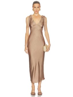 HEARTLOOM - Satin Women's Tie-Shoulder V-Neck Slip Maxi Dress Taupe
