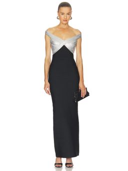 Herve Leger - Metallic Bonnie Women's Off-Shoulder Bodycon Gown Black Silver