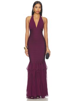 Herve Leger - Louisa Women's Halter Neck Bodycon Maxi Gown Maroon