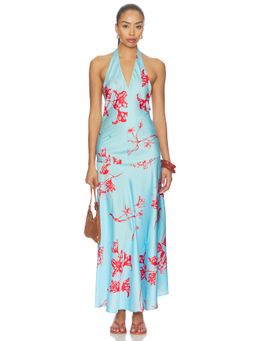 Juliet Johnstone - Satin Button Women's Halter Neck Floral Maxi Dress Sky Blue