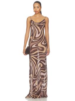 L'AGENCE - Women's Silk Abstract Swirl Shoulder Strap Maxi Dress Brown