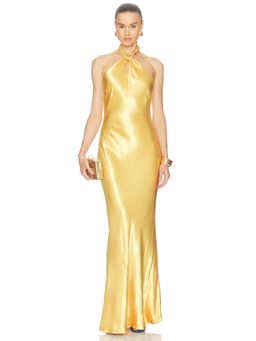 L'AGENCE - Saphara Women's Halter Neck Satin Maxi Gown Gold