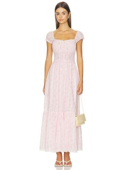 LoveShackFancy - Smocked Waist Women's Floral Puff Sleeves Maxi Dress Pink