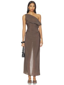 LIONESS - Sweetheart Women's One Shoulder Ruched Maxi Dress Brown