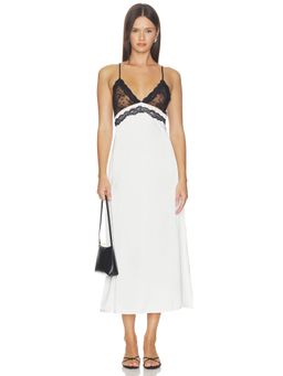 LIONESS - Paris Lace Women's V-Neck Lace Trim Midi Dress White