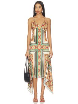 MISA Los Angeles - Sheila Women's Printed Halter Neck Asymmetric Hem Midi Dress Orange