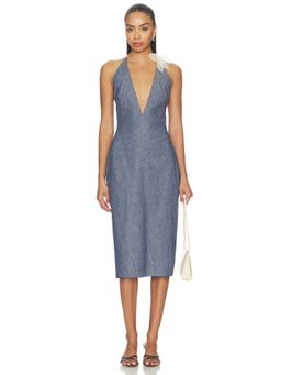 Milkwhite - Women's V-Neck Flower Detail Midi Dress Blue