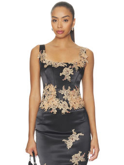 MANDALAY - Satin Lace Women's Beaded Bustier Corset Top Black