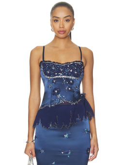 MANDALAY - Satin Lace Trim Women's Embellished Corset Top Navy Blue
