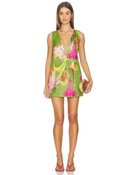 Muma World - Floral Canopy Women's Plunging Neck Satin Crepe Mini Dress Green