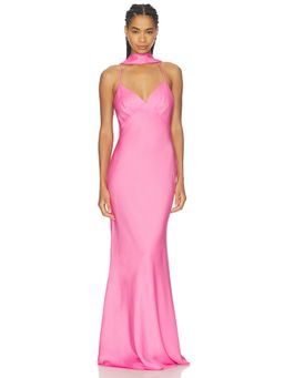 Nadine Merabi - Satin Women's Scarf Detail V-Neck Maxi Dress Pink