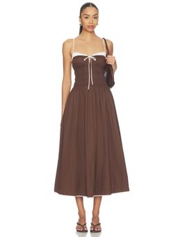 NIA - Thomas Women's Smocked Shoulder Strap Midi Dress Coffee