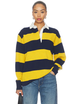 NILI LOTAN - Rashida Rugby Women's Striped Button-Up Collar Pullover Sweater Navy Blue