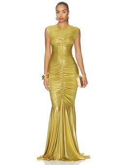 Norma Kamali - Sleeveless Women's Ruched V-Neck Fishtail Gown Gold