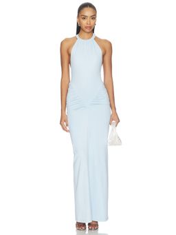 OW Collection - Lysa Women's Halterneck Ruched Fitted Maxi Dress Baby Blue