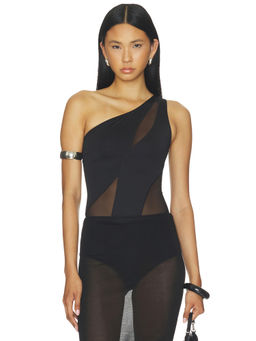 OW Collection - Curve Women's One Shoulder Mesh Panel Bodysuit Black