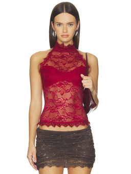 OW Collection - Selah Women's Sheer Lace High Neck Bodysuit Burgundy