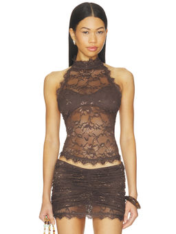OW Collection - Selah Women's Lace Halter Neck Sleeveless Top Brown
