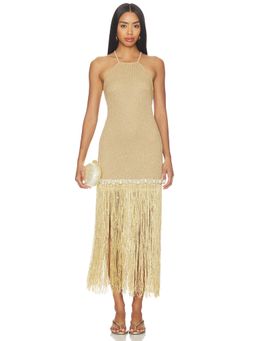 PatBO - Aurea Crochet Women's Sleeveless Pearl Fringe Midi Dress Gold
