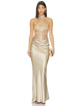 Retrofete - Rhinestone Women's Halter Neck Satin Maxi Dress Beige