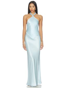 Retrofete - Satin Women's Halter Neck Back Tie Maxi Dress Blue