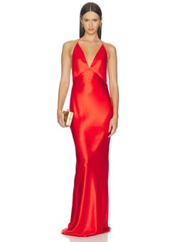 Retrofete - Satin Women's Plunging Neck Backless Maxi Dress Red