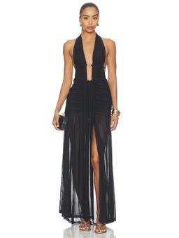 Runaway The Label - Adrianna Plunge Women's Ruched Halter Maxi Dress Black