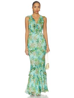 SALONI - Rita Women's Floral Ruffled Chiffon Maxi Dress Mint