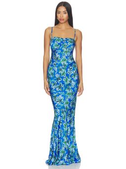 SALONI - Renee Women's Floral Print Satin Maxi Dress Waterlily Azure