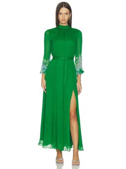 SALONI - Jacqui-d Women's Floral Chiffon Belted Maxi Dress Green