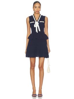 self-portrait - Peplum Pointelle Women's Sleeveless Mini Dress Navy Blue