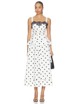 self-portrait - Polka Dot Women's Lace Trim Flared Midi Dress White