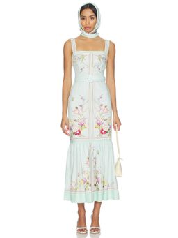 self-portrait - Mint Floral Women's Belted Square Neck Midi Dress Green