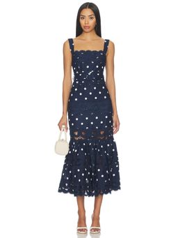 self-portrait - Polka Dot Women's Belted Square Neck Midi Dress Navy Blue