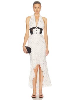 self-portrait - Polka Dot Women's Halter Neck Lace Trim Midi Dress White