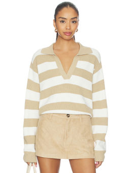 Show Me Your Mumu - League Women's Rugby Stripe Collared Pullover Sweater Beige