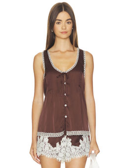 Show Me Your Mumu - Sandra Women's Lace Trim Button Front Blouse Brown