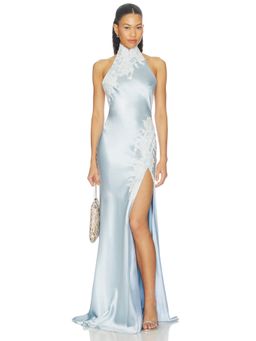 SAU LEE - Michelle Women's Halter Neck Lace Trim Satin Gown Frost Blue