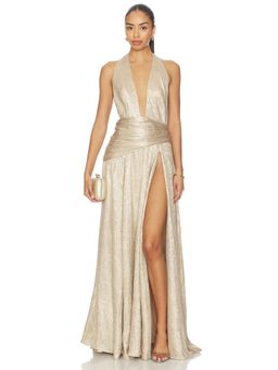 Sonya Moda - Metallic Crepe Women's Halter Neck Maxi Dress Champagne Gold