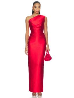 SOLACE London - Kira Women's One Shoulder Ruched Maxi Dress Red